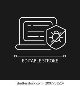 Antivirus software white linear icon for dark theme. Anti-malware. Digital virus detection, removal. Thin line customizable illustration. Isolated vector contour symbol for night mode. Editable stroke