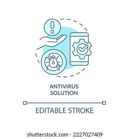 Icono de concepto turquesa de solución de Antivirus. Eliminar virus y malwares de idea abstracta ilustración de línea delgada. Dibujo de contorno aislado. Trazo editable. Fuentes Arial, Myriad Pro-Bold utilizadas
