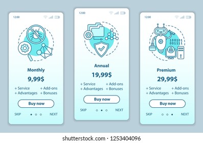 Antivirus subscription onboarding mobile app screens with service prices. Walkthrough website pages templates. Anti virus software tariff plans steps. Smartphone payment web page layout
