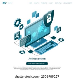 Antivirus system, virus search, computer security 3d isometric vector concept illustration