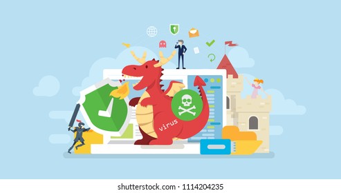 Antivirus Technology Protection Tiny People Character Concept Vector Illustration, Suitable For Wallpaper, Banner, Background, Card, Book Illustration, And Web Landing Page Concept