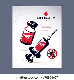 Antivirus vaccination booklet cover design, front page. Vector graphic illustration of medical bottle and syringe for injections.