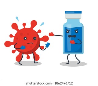 An antivirus or vaccine defeats a viral infection or coronavirus in a boxing match, vector illustration. Cartoon characters fight