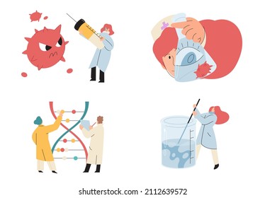 Antivirus vaccine. Scientists conducting scientific researches, laboratory assistants test tubes working in medical lab researchers making chemical experiments test liquids and equipment. Virus in lab
