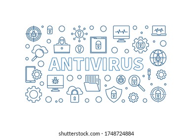 Antivirus-Vektorkonzept umreißt einfache horizontale Illustration. Computer-Virenschutzbanner auf weißem Hintergrund