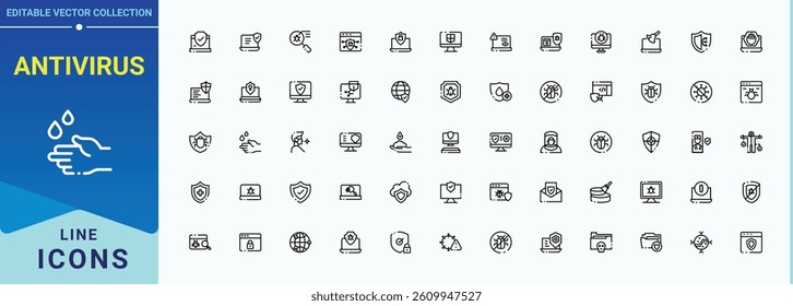 Antivirus vector line icon set. Contains such icons as cyber, anti, software, safety, protection, security and more. Thin outline icons pack. Safe simple icon set. Editable vector art.