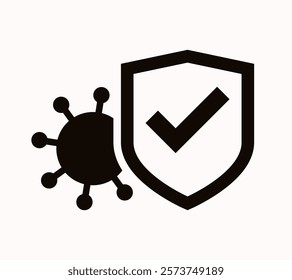 Antivirus or virus protection icon. Protection shield with checkmark in front of a virus. Vector illustration isolated on white background.