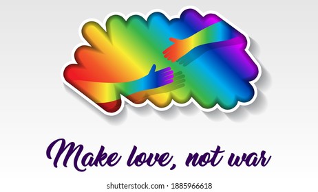 an anti-war inscription and a rainbow uniform with a white outline, with human hands drawn to each other on a light background. poster on the theme of tolerance. vector
