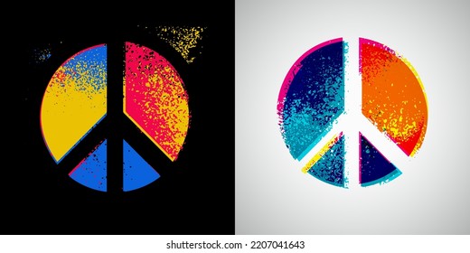 Antiwar peace pacifism colorful sign splash grunge style. Two designs on dark and light background. Eps 10 vector illustration.