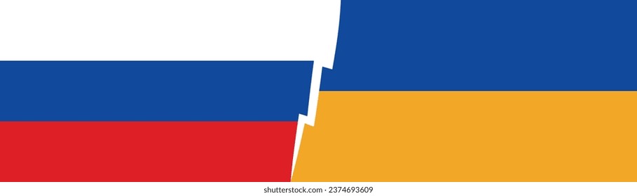 Antiwar poster. Stop war. Vector horizontal banner with Russia and Ukraine flag. Concept of attack on country, peace negotiations, aggression, weapons, death, armed conflict. invasion. White, blue