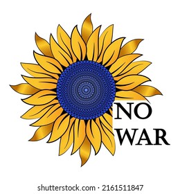 Kriegsgegner-Poster. Gelb-blaue Sonnenblume und die Inschrift auf Krieg. Vektorgrafik