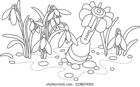 Antiwar symbol with an unexploded mine and spring flowers, black and white outline vector cartoon illustration for a coloring book page