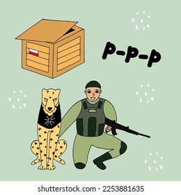 Tema y conceptos contra la guerra. 
Un leopardo y un soldado ucraniano están sentados al lado de una caja de madera de Polonia
Colección de ilustración plana dibujada a mano.