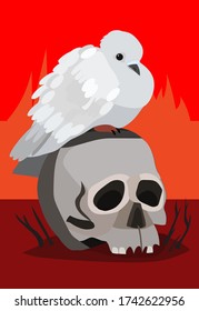 Antiwar vector illustration of a pigeon of peace sitting on a skull on a red background.