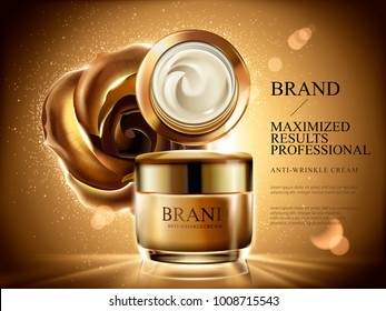 Anti-wrinkle cream ads, cosmetic cream jar mockup with burst light, glitters and golden rose and background in 3d illustration