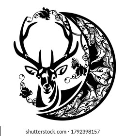 antler deer and crescent moon with rose flowers and butterfly - magic nature and good night concept black and white vector design