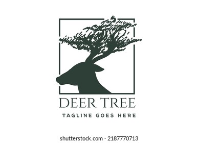 Antler Deer Moose Reindeer Vicuna Head with Horn Tree Forest for Savanna Conservation Zoo Logo Design