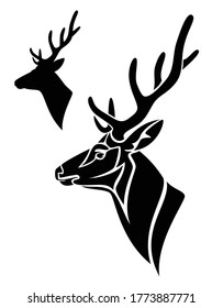 antler deer profile head - side view black and white vector portrait of buck with large horns