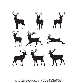 antler deer stag icon set silhouette vector flat design