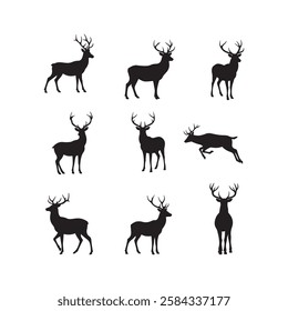 antler deer stag icon set silhouette vector flat design