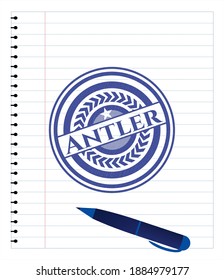 Antler draw with pen effect. Blue ink. Vector Illustration. Detailed. 