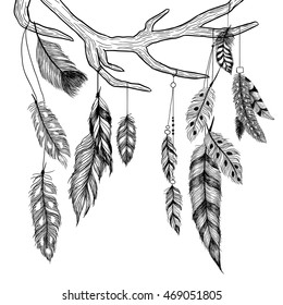 Antler and feathers. Boho illustration.