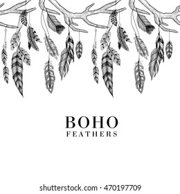 Antler and feathers. Boho illustration.