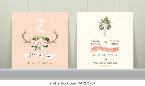 Antler Flowers Rustic Wedding Save The Date Invitation Card On Wood Background