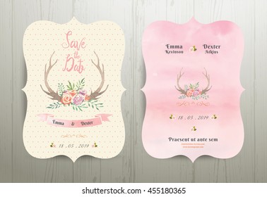 Antler flowers rustic wedding save the date invitation card 02 on wood background