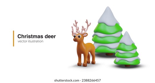 Antlered deer near snowy Christmas trees. Winter animal, helper of Santa Claus. Color image on white background. Cute New Year character. Web design in plasticine style