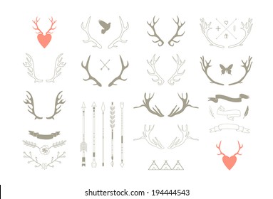 Antlers, arrows, ribbons. Decor elements. Isolated.Vector