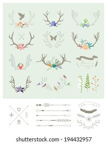 Antlers, arrows, ribbons, flowers. Decor elements. Isolated.Vector