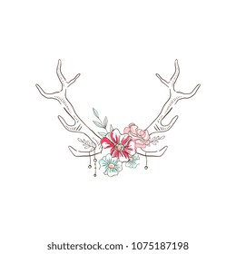 Antlers with flowers, hand drawn floral composition with deer horns vector Illustration on a white background