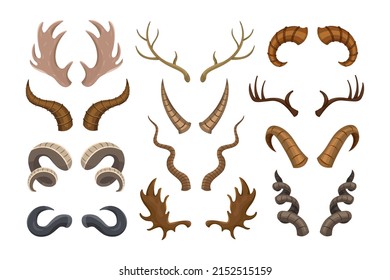 Antlers of wild animals vector illustrations set. Shapes of horns of ram, reindeer, deer, moose, cow, stag isolated on white background. Wildlife, hunting, decoration concept