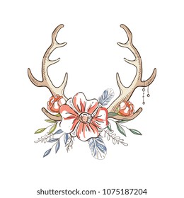 Antlers with a wreath of flowers, hand drawn floral composition with deer horns vector Illustration on a white background