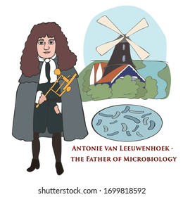 Antonie van Leeuwenhoek, Dutch scientist, vector cartoon
