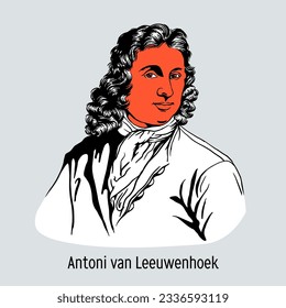Antonie van Leeuwenhoeka was a Dutch naturalist, microscope designer, and the founder of scientific microscopy. Vector illustration drawn by hand 