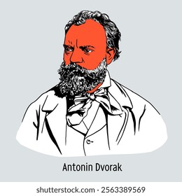 Antonin Dvořák is a Czech composer, a representative of romanticism. Cavalier of the Order of the Iron Crown, 3rd degree. Hand-drawn vector illustration