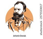 Antonin Dvorak is a Czech composer, a representative of romanticism. Cavalier of the Order of the Iron Crown, 3rd degree. Hand-drawn vector illustration