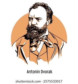 Antonin Dvorak is a Czech composer, a representative of romanticism. Cavalier of the Order of the Iron Crown, 3rd degree. Hand-drawn vector illustration