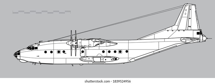 Antonov An-12 Cub. Vector drawing of military transport aircraft. Side view. Image for illustration and infographics.