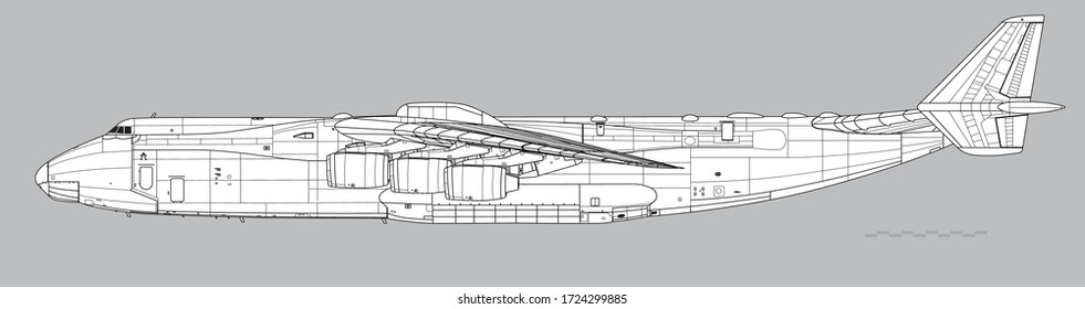 Antonov An-225 Mriya (Cossack). Vector drawing of strategic airlift cargo aircraft. Side view. Image for illustration and infographics.