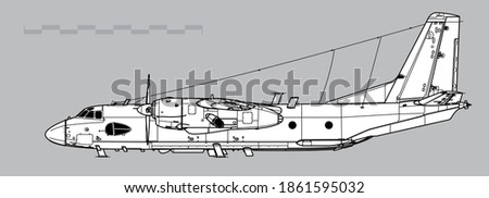 Antonov An-26RT Curl-B. Vector drawing of electronic surveillance aircraft. Side view. Image for illustration and infographics.