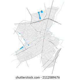 Antony, Hauts-de-Seine, France high resolution vector map with city boundaries and editable paths. White outlines for main roads. Many detailed paths. Blue shapes and lines for water.