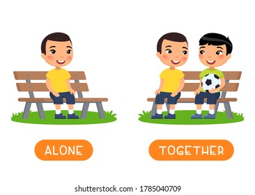 Antonyms concept, ALONE and TOGETHER. Educational word card with opposites.  Flash card for English studying. Two little Asian boys are sitting on bench, child is sitting alone. Flat vector