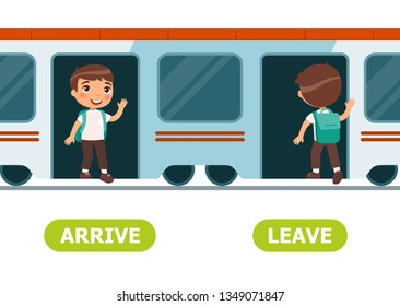 Antonyms concept, ARRIVE and LEAVE. Educational word card with opposites.  Flash card for English studying. Schoollboy getting off train, entering train. Train arrival, departure. 
