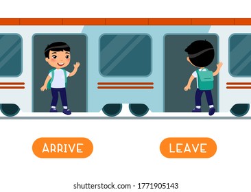 Antonyms concept, ARRIVE and LEAVE. Educational word card with opposites.  Flash card for English studying. Schoollboy getting off train, entering train. Train arrival, departure. Flat vector