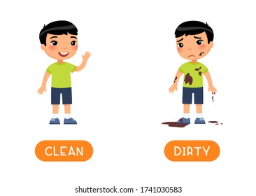 Antonyms concept, DIRTY and CLEAN. Educational word card with opposites.  Flash card for English studying. Little clean Asian boy waves his hand, dirty child is sad. Flat vector illustration 