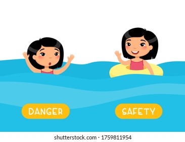 Antonyms Concept, SAFETY And DANGER. Flashcard With Antonyms For Kids Vector Template. Word Card For Foreign Language Studying. Asian Girl Swimming Withand Without Inflatable Ring Flat Illustration Wi