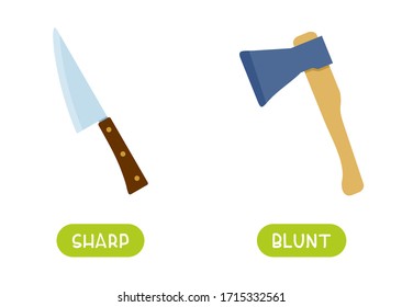 Antonyms concept, SHARP and BLUNT. Educational flash card with knife and ax template. Word card for english language learning with opposites. Flat vector illustration with typography